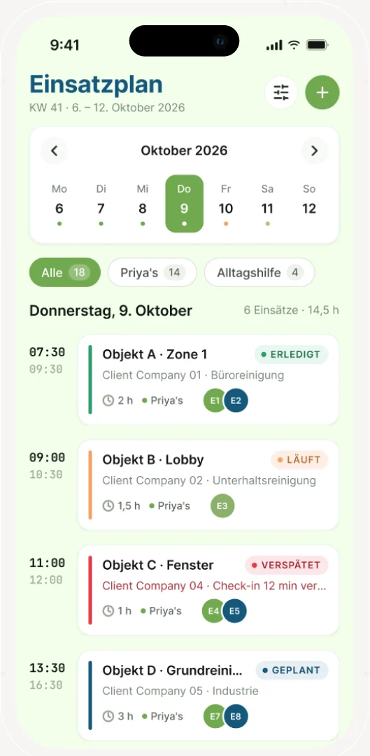 Priya cleaning service scheduling app: calendar, sites and job status